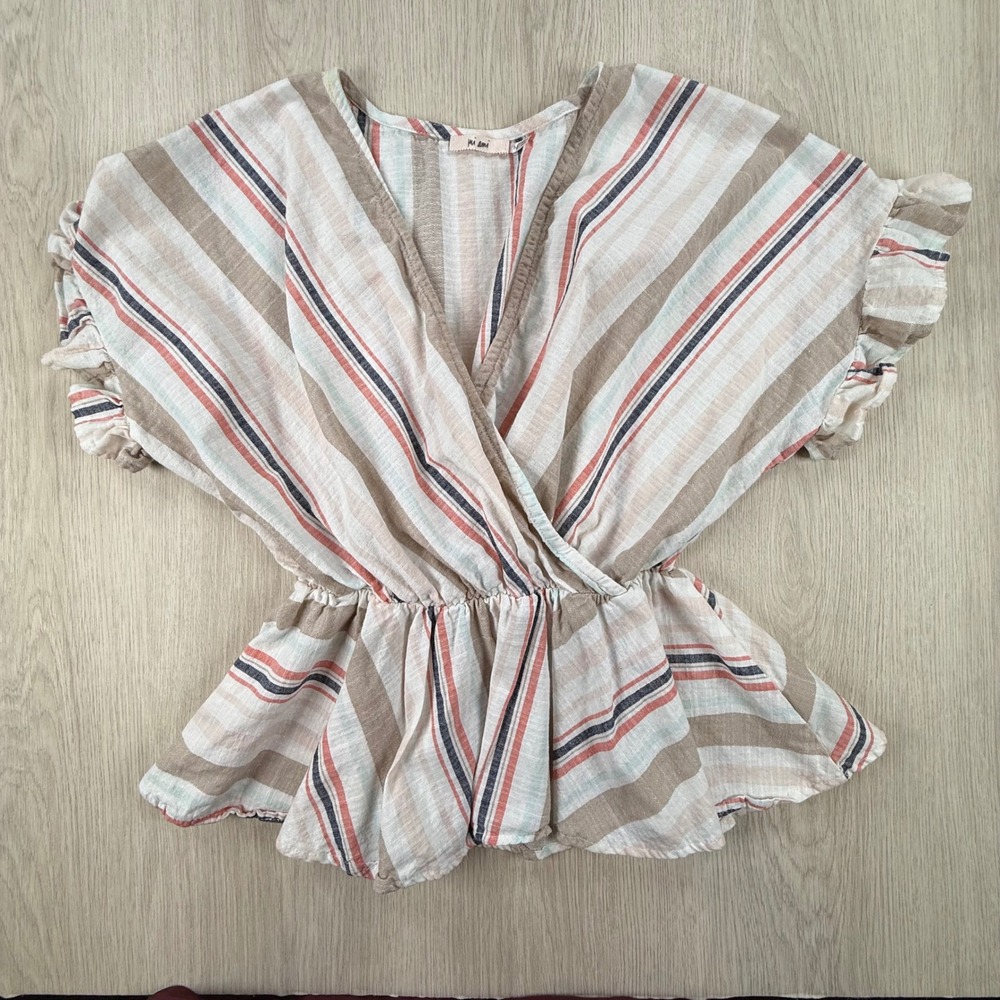 Peplum Top Mi Ami Women Medium Multi Stripe V-Neck Ruffle Sleeve Cotton Blouse